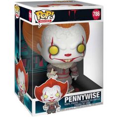 the pennywise pop vinyl figure is in a box with it's head turned to look