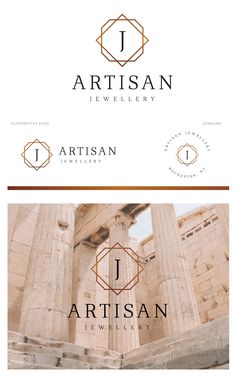 the logo for artisan jewelery is shown in two different colors and font styles