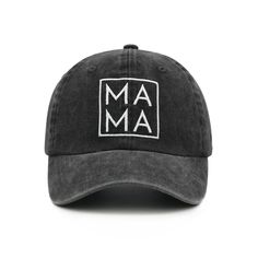 a black hat with the word mam printed in white on it, against a white background