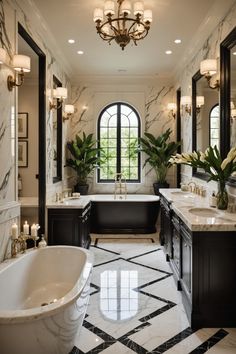 an elegant bathroom with marble floors and black cabinets, chandelier, tub, sink, and large window