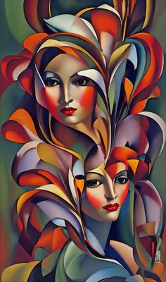 two women with colorful hair are depicted in this painting