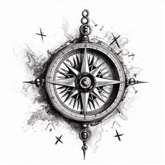 a black and white drawing of a compass on a piece of paper with ink splatters