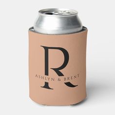 a can cooler with the letter r on it