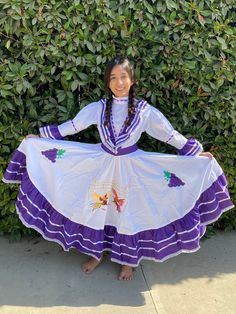 "Aguascalientes Mexican dress for girls, Mexican Dress for girls Aguascalientes This typical dress for girls is from of state of Aguascalientes Mexico, this beautiful dress come with grapes and roosters  typical detail of Aguascalientes state in Mexico  Measurements:  SIZE 2 26'' waist 24'' chest  26'' shoulder to ankle (long)  SIZE 4 28\"waist 26\" chest 28\"shoulders to ankle  (long)  SIZE 6 30\" waist  30\"chest  34\"shoulders to ankle  (long)  SIZE 8 33\" waist  32\"chest  34\"shoulders to a Traditional White Costume Dress, Traditional Cotton Costume Dress, Baby Mexican Dress, Folklorico Dresses, Girl Mexican, Themed Halloween Costumes, Ballet Folklorico, Blue Ruffle Dress, Fiesta Dress