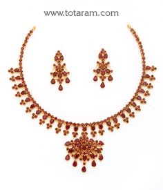 22 karat gold ruby necklace & drop earrings set - 235-GS3813 - in 47.400 Grams for USD $5,601.32 USD. 
Made in India by Totaram Jewelers Online this product is in Gold - 22 Karat BIS Hallmark 916 Gold  & is an excellent gift for Adult - Women. Ships fully insured with secured guaranteed delivery for free with your order over $250 from New Jersey USA & comes with 30 days exchange policy. Emerald Necklaces, Gold Ruby Necklace, 22k Gold Necklace, Victorian Jewellery, Gold Necklace Indian, 22k Gold Jewelry, Jewellery Indian, Traditional Jewellery, Necklace Patterns