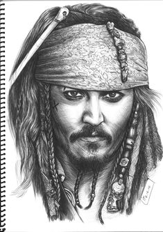 a drawing of captain jack sparrow from the movie pirates, with long hair and bandana