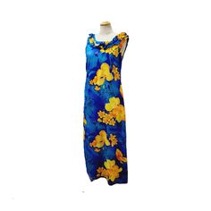 "Vintage Hawaiian dress from the 80s. This ankle length sleeveless maxi dress features ruffled collar trim and a vibrant orange and yellow hibiscus floral print on a blue background. It zips closed on the back and is mid-weight cotton-feel acrylic.  Condition is very good with bright colors and the dress has been cleaned. The loop for the back hook at the zipper top is missing. Size label 10 (modern small) - Made in Hawaii - Acrylic 36\" bust - 32\" waist - 53\" length  For more vintage women's Sleeveless Maxi Dress With Hibiscus Print, Sleeveless Hawaiian Maxi Dress With Tropical Print, Sleeveless Hibiscus Print Maxi Dress For Vacation, Blue Hawaiian Maxi Dress With Floral Print, Blue Sleeveless Hibiscus Print Dress, Sleeveless Blue Hibiscus Print Dress, Blue Sleeveless Dress With Hibiscus Print, Sleeveless Blue Dress With Hibiscus Print, Tropical Blue Sleeveless Maxi Dress