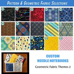 the pattern and geometric fabric selections for needle notebooks are available in several different colors