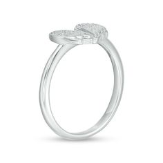 This angel wings ring is a sweet accessory she'll never want to take off. Fashioned in sterling silver, this style showcases a pair of sculpted wings - each sparkling with diamond accents - set side-by-side in a heart-shaped design. A lovely look, this choice is polished to a bright shine. Custom-made to fit her ring size. Sterling silver rings cannot be resized after purchase. Elegant Winged Rings As Gifts, Elegant Winged Rings For Gifts, Silver Diamond Butterfly Ring With Brilliant Cut, Silver Sterling Butterfly Ring With Diamond Accents, Silver Diamond Butterfly Promise Ring, Silver Butterfly Ring With Diamond Accents For Promise, Silver Butterfly Ring With Brilliant Cut For Anniversary, Silver Butterfly Ring With Diamond Accents, Elegant Sterling Silver Winged Rings