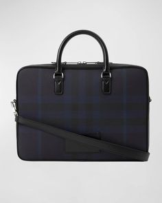 Burberry 'Slim Ainsworth' briefcase in Burberry check leather.Raised logo lettering on the front.Rolled leather top handles.Detachable, adjustable shoulder strap.Two-way zip closure.Exterior one card slot.Interior, one zip pocket.Hand-painted edges.Polished metal hardware Overall, approx. 14.8'H x 10.6'W x 2'D Made in Italy Leather Briefcase, Burberry Men, Metal Hardware, Letter Logo, Burberry Bag, Leather Top, Travel Luggage, Luggage Bags, Neiman Marcus