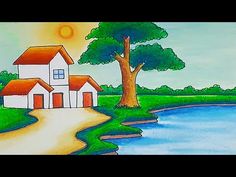 a drawing of a house next to a body of water with trees on both sides