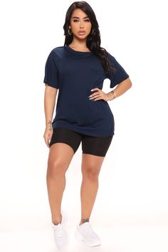 Available In Black, White, Olive, And Heather Grey. Oversize T-Shirt Short Sleeve Pocket Side Slits Stretch 51% Cotton 49% Modal Imported | Laid Back Chillin' Pocket Tee Shirt in Navy Blue size Medium by Fashion Nova Blue Short Sleeve Shirt For Loungewear, Blue Relaxed Fit Top With Shirttail Hem, Casual Blue T-shirt With Shirttail Hem, Blue Short Sleeve Blouse For Loungewear, Casual Blue Tops With Shirttail Hem, Woman Laying, Pocket Tee Shirts, Oversize T Shirt, Navy Fashion