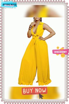 Women's Fashion V-neck Long Sleeve Turndown Collar Loose Pleated Wide Leg Jumpsuit Yellow V-neck Jumpsuits And Rompers For Work, Beach V-neck Solid Color Jumpsuits And Rompers, Stretch Solid Color V-neck Jumpsuits And Rompers, Yellow V-neck Jumpsuits And Rompers For Vacation, Yellow V-neck Jumpsuit For Parties, Designer Jumpsuits, Turndown Collar, Color Pick, Model Photos