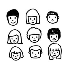 black and white drawing of people's faces with different hair styles, from the front to the back