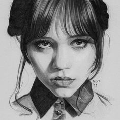 a pencil drawing of a girl with bangs and a bow tie on her head, wearing a shirt and necktie