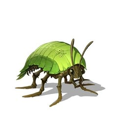 an insect with green leaves on it's back legs