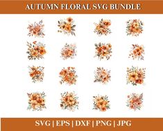 the autumn floral svt bundle includes flowers, leaves and other decorative elements in orange