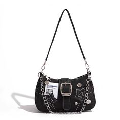 PRICES MAY VARY. Trendy Y2K Style: This cute black shoulder bag embodies the iconic Y2K aesthetic with its punk-goth vibe. Versatile Design: Featuring a crossbody strap, this purse can be worn over the shoulder or across the body. Edgy Details: A zipper closure, chain strap, and pink star accents add an edgy, fashion-forward touch. Compact Size: Ideal for carrying essentials, this small purse measures approximately 9 x 5.2 x 2.8 inches (23 x 13 x 7 cm). Durable Construction: Made with high-quali Y2k Shoulder Bag With Zipper Closure, Y2k Style Shoulder Bag With Zipper Closure For School, Y2k Style School Shoulder Bag With Zipper Closure, Y2k Black Shoulder Bag With Zipper Closure, Y2k Black Shoulder Bag With Adjustable Strap, Y2k Streetwear Bag With Zipper Closure, Y2k Black Bag For Streetwear, Y2k Shoulder Bag With Adjustable Strap For Streetwear, Y2k Rectangular Shoulder Bag For Streetwear