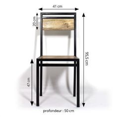 a wooden chair with measurements for the seat and back side, in front of a white background