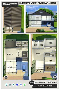 three floor plans for a small house with two bathrooms and one bedroom in the middle