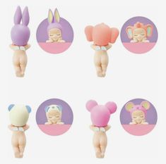 six different types of baby doll heads with ears and tail, all in pastel colors