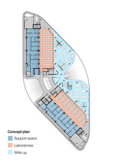 the floor plan for an office building with two floors and several rooms, including one in blue