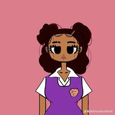 an animated girl with glasses and a purple shirt on, standing in front of a pink background