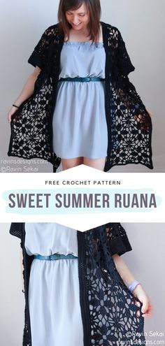 a woman wearing a blue dress and black cardigan with text overlay that reads, free crochet pattern sweet summer ruana