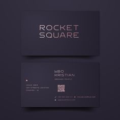 two business cards with the word rocket square in pink and purple on top of them