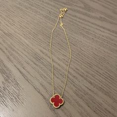 Nwot Red Clover Necklace. 18kgp. Adjustable 16-18in Chain. New, Never Worn. Elegant Red Jewelry With Delicate Chain, Red Pendant Necklace Gold Plated, Gold Plated Red Pendant Necklace, Red Gold Plated Pendant Necklace, Elegant Red Jewelry With Chain Detail, Elegant Red Chain Jewelry, Elegant Red Gold-plated Necklace, Elegant Red Gold Plated Necklace, Red Pendant Necklace With Chain