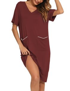 PRICES MAY VARY. Material: Made of 95% Viscose, 5% Spandex. Soft cozy, lightweight and flexible. Suitable for a relaxed home life Features: Loose and comfy v-neck short sleeve, high stretch satin trim pockets. This pajama dress is not only breathable, but also soft and silky. Perfect for day relaxing, lounging sleep or home bedroom. Style:Classic mid-length design, perfect to keep cool. Decorated with two forged edge pockets, simple yet elegant. The well-made high-quality nightgowns are suitable Red V-neck Sleepwear For Loungewear, Stretch V-neck Nightgown For Bedtime, Summer Sleepwear With Relaxed Fit For Overnight, Stretch V-neck Sleepwear, Summer Short Sleeve Sleepwear For Overnight, Summer Long Sleeve Nightgown For Lounging, Summer Long Sleeve Nightgown For Overnight, Relaxed Fit Nightgown For Summer Nights, Relaxed Fit Nightgown For Summer