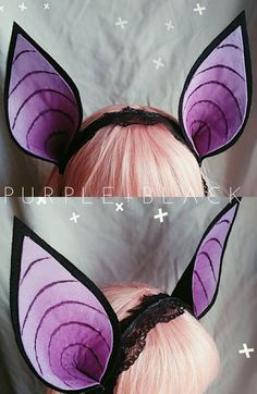 two pictures of pink hair with purple ears