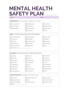 Printable detailed mental health safety plan. Identifying behaviors, triggers, warning signs, interventions, and crisis plan. Mental Health Work Activities, Mental Health Activity Ideas, Future Therapist, Mental Health Plan, Journal Mental Health, Crisis Intervention