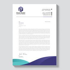 a letterhead with blue and purple waves on the bottom, in front of a white background