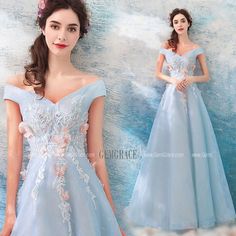 Blue V-neck Dress For Debutante Ball, Blue Floral Applique Prom Dress, Blue Floral Applique Wedding Gown, Blue Floral Applique Dress For Prom, Blue Wedding Dress With Floral Applique, Blue Evening Dress For Debutante Ball In Spring, Spring Blue Evening Dress For Debutante Ball, Blue Floral Applique Wedding Dress, Light Blue Dresses For Spring Debutante Ball