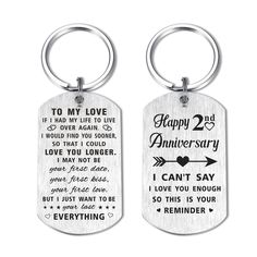 PRICES MAY VARY. 2 Year Anniversary Gift for Him - Romantic 2nd Anniversary gift Ideas to make him/her fall for you again, Unique cute gifts to celebrate second anniversary with your husband/wife Double-Sides Engraved Keychain - One side engraved "Happy 2nd Anniversary. I can't say I love you enough, So this is your REMINDER". The other side engraved "To My Love…But I Just want to be your last everything" Steel Material - This small anniverssary presents is made of high quality stainless steel, 3rd Year Anniversary Gifts For Him, 2 Year Anniversary Gifts For Him, 20 Year Anniversary Gifts, 11 Year Anniversary Gift, 14th Anniversary Gifts, 4th Year Anniversary Gifts, 25 Year Anniversary Gift, 3rd Year Anniversary Gifts, Gift Ideas To Make