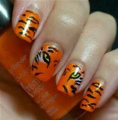 Tiger nails Sports Nail Art, Sports Nails, Tiger Nails, Tiger Mascot, Fourth Of July Nails, Eye Of The Tiger, Blossom Tattoo, July Nails, Nails Short