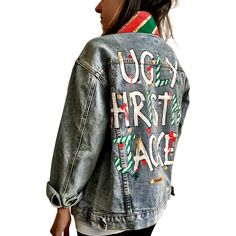 DESCRIPTION EACH PIECE IS MADE TO ORDER, HAND PAINTED BY GLORIA AND HER TEAM IN THEIR NYC STUDIO PRODUCT DESCRIPTION Lighter blue denim wash. UGLY CHRISTMAS JACKET painted in white, with black outline, on back. Ornaments, candy canes, mistletoe and other holiday related items decorating the letters. Collar and front pockets painted red and green, with gold boarders. Signed @wrenandglory. Due to each piece being hand painted, each jacket might have slight differences. Please allow 1-2 weeks deliv Casual Holiday Outerwear, Casual Christmas Holiday Outerwear, Christmas Jacket, Nyc Studio, Diy Fashion Accessories, Perfect Denim, Painted Denim, Leather Pieces, Candy Canes