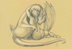 a pencil drawing of a woman sitting on top of a large dragon's tail