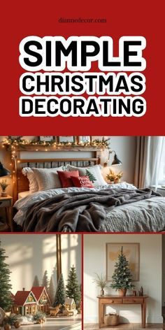 simple christmas decorating book with pictures of houses, trees and other decorations on the bed