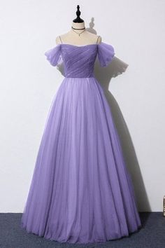 A Line Purple Prom Dress, Purple Simple Gown, Ball Gowns Prom Purple, Tulle Purple Dress, Purple Aesthetic Prom Dress, Purple Ball Gown Prom Dresses, Pink Prom Dress Flowy, Purple Simple Dress, Purple Gown Aesthetic