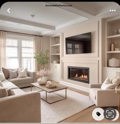 a living room filled with furniture and a fire place in the middle of it's wall