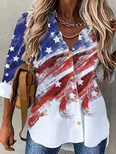 Independence Day America Flag Casual Long Sleeve Blouse Denim Short Jumpsuit, Two Piece Jumpsuit, America Flag, Long Sleeve Short Dress, Maxi Dress Green, Asymmetrical Tops, Modest Dresses, Dresses With Leggings, Jeans Dress