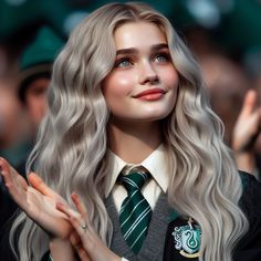 a girl with grey hair wearing a green and white striped tie, holding her hands together