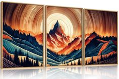 three canvases with mountains and trees painted on them, one is orange and the other is blue