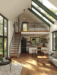 a living room filled with furniture and lots of glass walls on top of it's roof