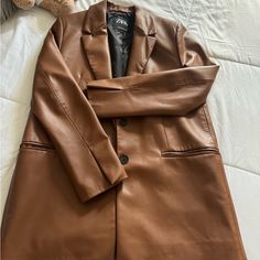 Beautiful Faux Leather Coat From Zara. Brand New With No Tags Brown Faux Leather Outerwear For Office, Formal Brown Faux Leather Outerwear, Trendy Faux Leather Business Outerwear, Trendy Business Faux Leather Outerwear, Zara Brown Business Outerwear, Zara Faux Leather Jacket For Work, Zara Brown Outerwear For Business, Zara Faux Leather Jacket For Fall, Zara Faux Leather Jacket For Workwear