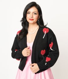 Magnolia Place Black Heart Lollipop Open Cardigan - Unique Vintage - Womens, TOPS, SWEATERS Casual Long Sleeve Heart Print Outerwear, Valentines Day Cardigan, Heart Patchwork Cardigan, Red Star Cardigan, Hearts Cardigan, Heart Lollipops, Heart Lollipop, Timeless Classic Style, Open Cardigan