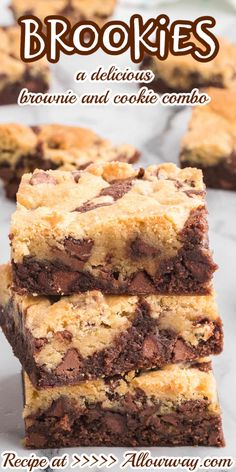 chocolate chip cookie brownies stacked on top of each other with the title above it