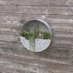 a planter hanging on the side of a wooden wall with succulents in it